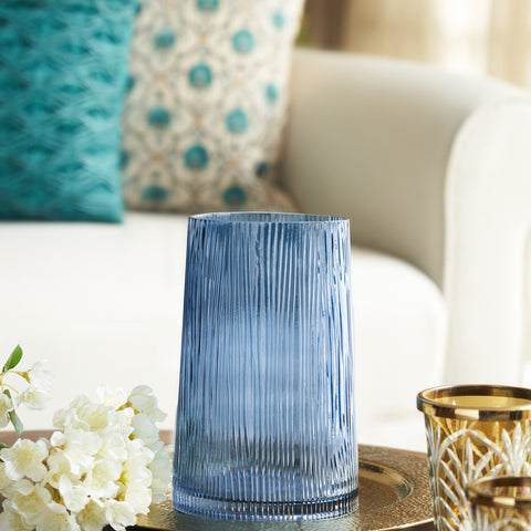 Blue Ribbed Glass Vase - Small