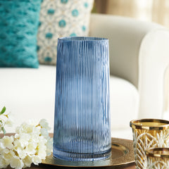 Blue Ribbed Glass Vase - Large