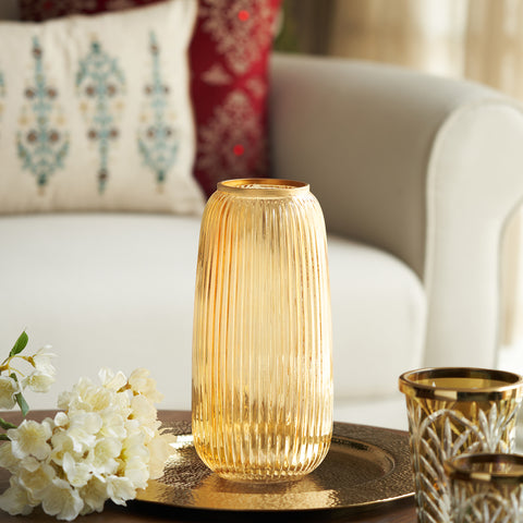 Light Brown Ribbed Glass Vase - Small