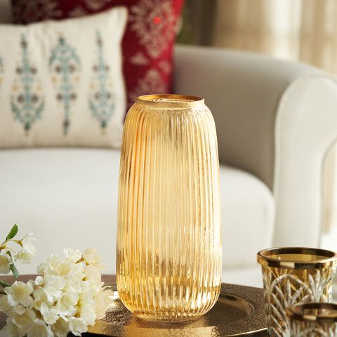 Light Brown Ribbed Glass Vase - Large