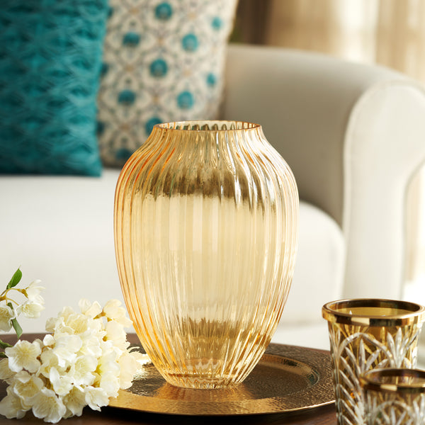 Light Brown Ribbed Glass Vase - Large