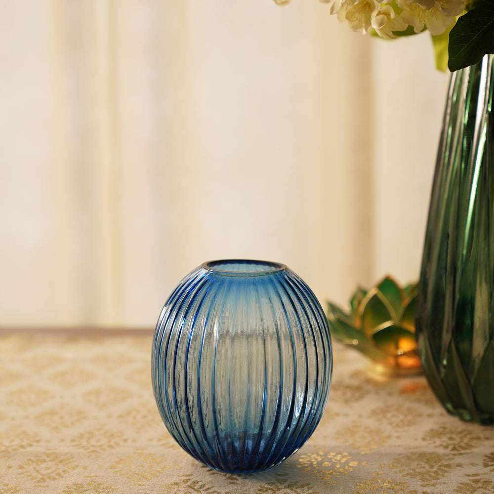 Dark Blue Ribbed Round Glass Vase - Medium