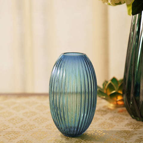 Dark Blue Ribbed Round Glass Vase - Large