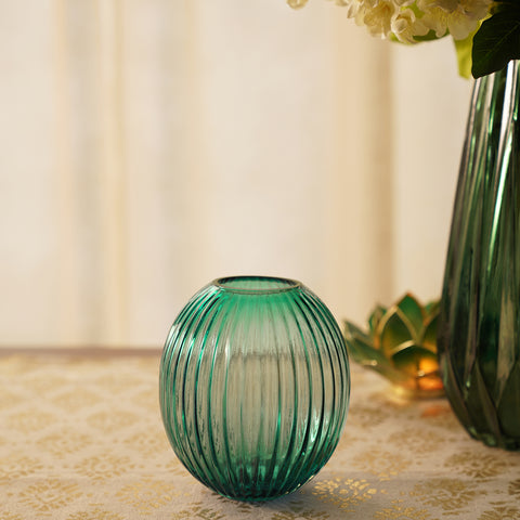 Green Ribbed Round Glass Vase - Medium