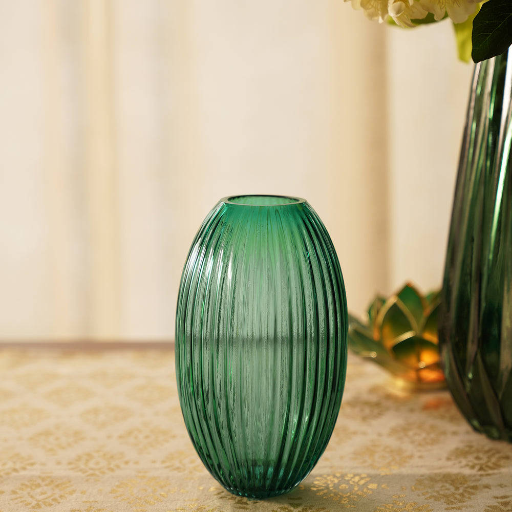 Green Ribbed Round Glass Vase - Large