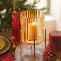 Light Brown Ribbed Hurricane with Metal Stand - Large