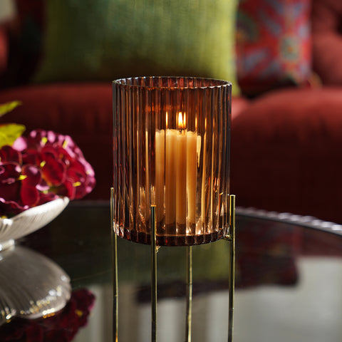 Dark Brown Ribbed Glass Hurricane with Metal Stand - Large