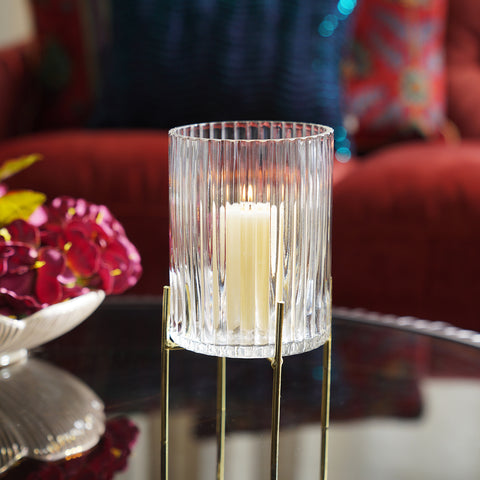 Clear Ribbed Glass Hurricane with Metal Stand - Large