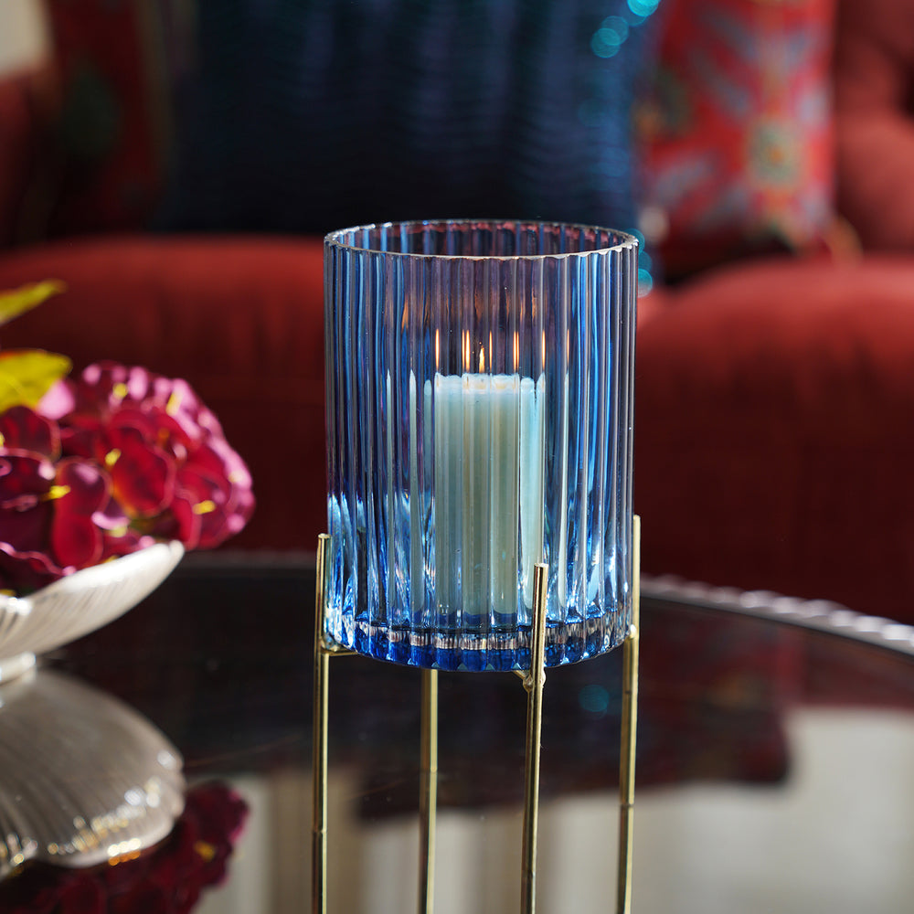 Blue Ribbed Glass Hurricane with Metal Stand - Large