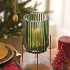 Dark Green Ribbed Glass Hurricane with Metal Stand - Large