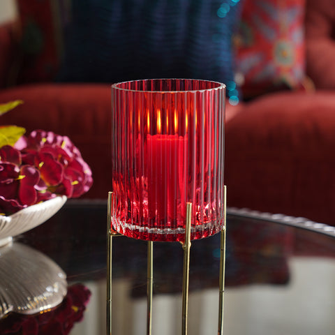 Red Ribbed Glass Hurricane with Metal Stand - Large