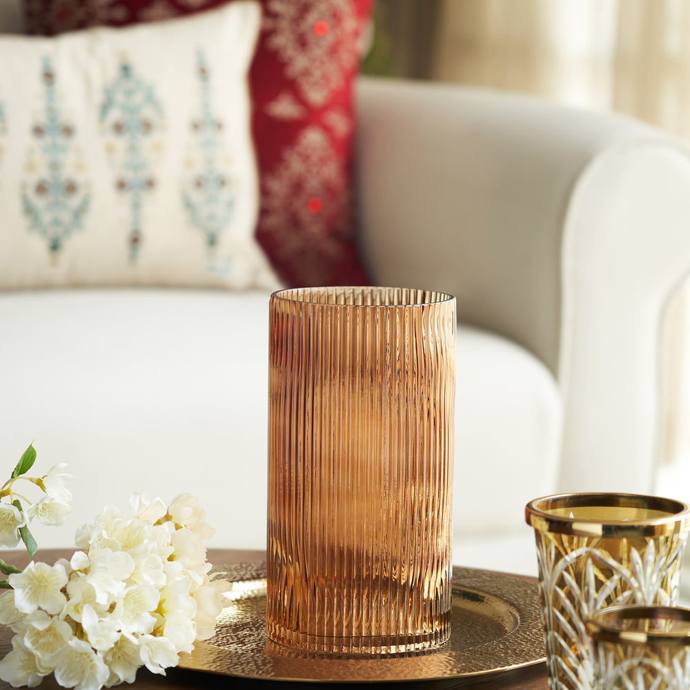Dark Brown Ribbed Glass Vase - Small