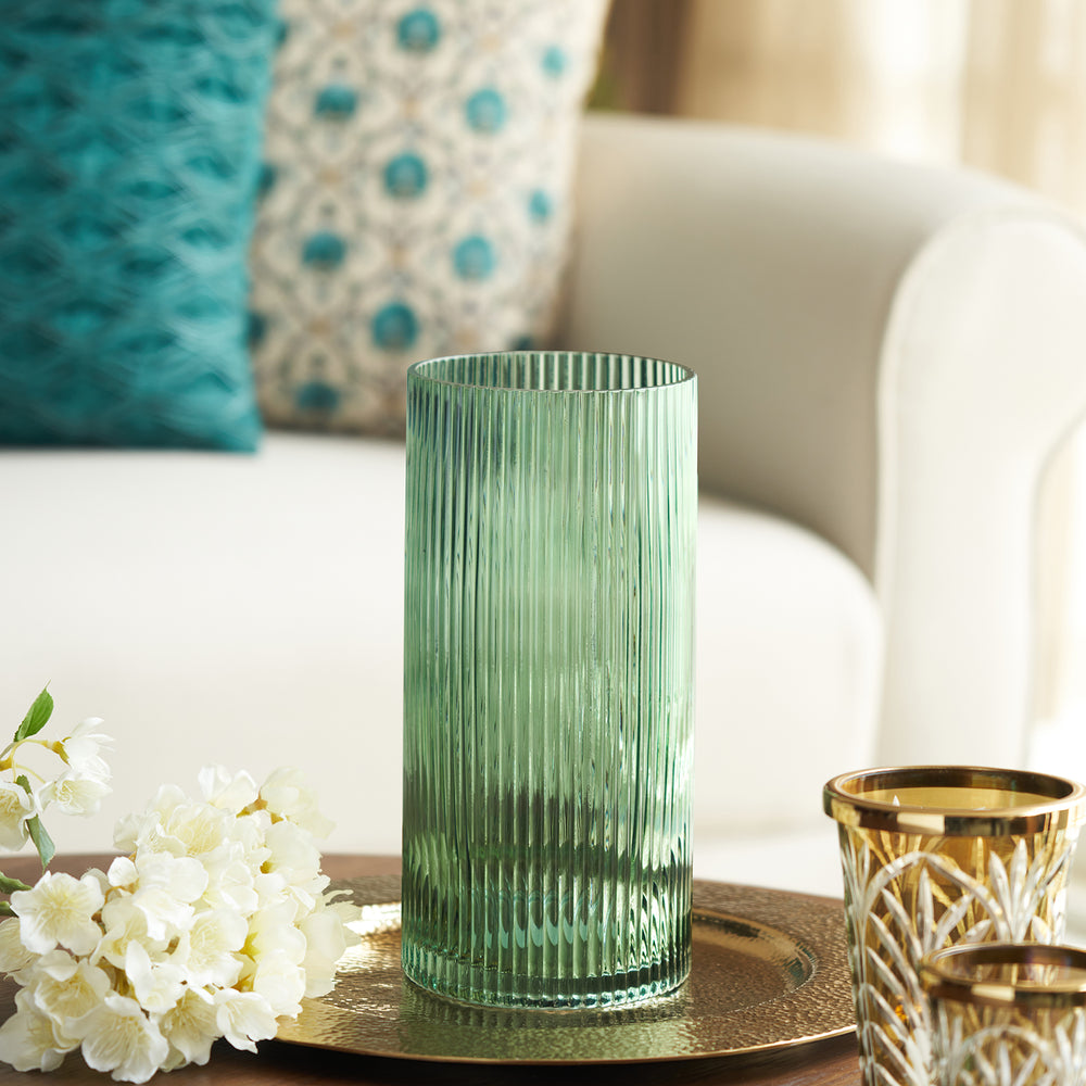 Green Ribbed Texture Glass Vase - Large