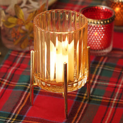 Light Amber Ribbed Glass Hurricane With Metal Stand - Small