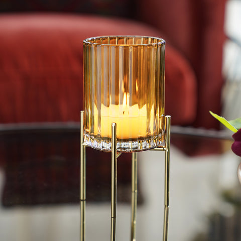 Light Brown Ribbed Hurricane with Metal Stand - Small