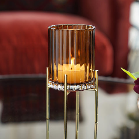 Dark Brown Ribbed Glass Hurricane with Metal Stand - Small