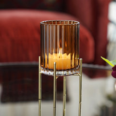 Dark Brown Ribbed Glass Hurricane with Metal Stand - Small