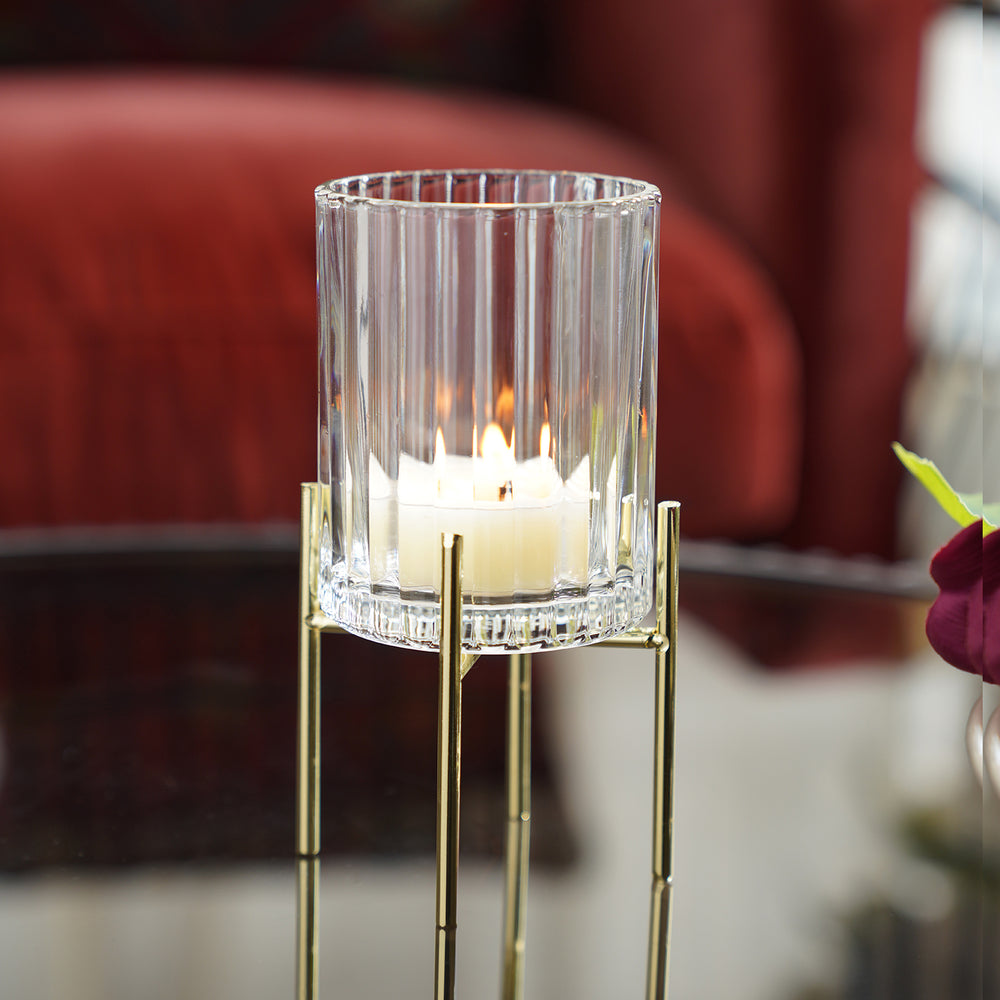 Clear Ribbed Glass Hurricane with Metal Stand - Small