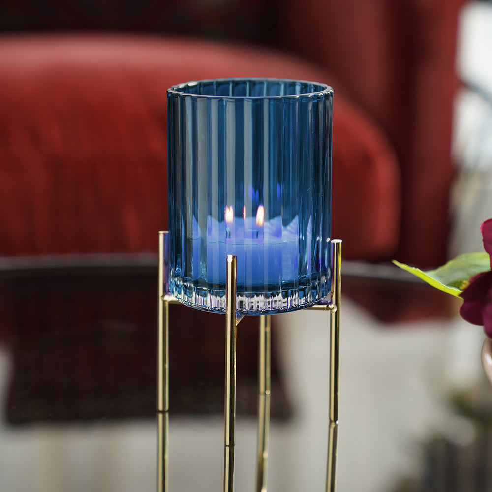 Blue Ribbed Glass Hurricane with Metal Stand - Small