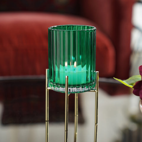 Green Ribbed Glass Hurricane with Metal Stand - Small