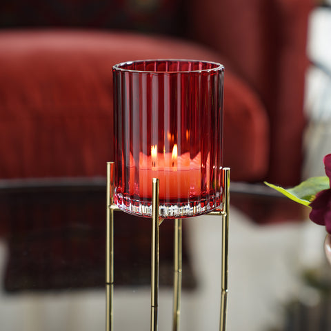 Red Ribbed Glass Hurricane with Metal Stand - Small