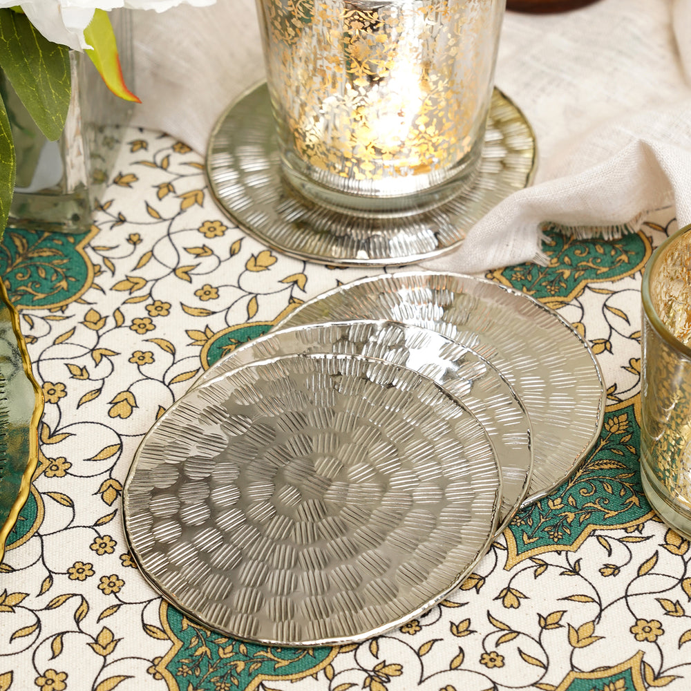 Set of 4 Silver Metal Line Hammered Round Coasters