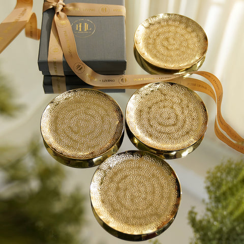 Set of 4 Gold Metal Dot Hammered Round Coasters