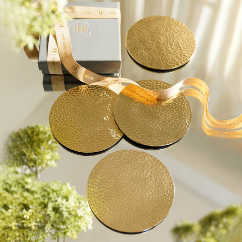 Set of 4 Gold Metal Hammered Round Coasters