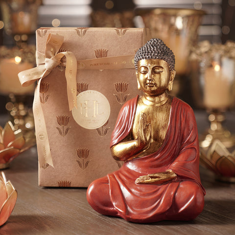 Red Antique Polyresin Meditating Buddha Sculpture - Medium