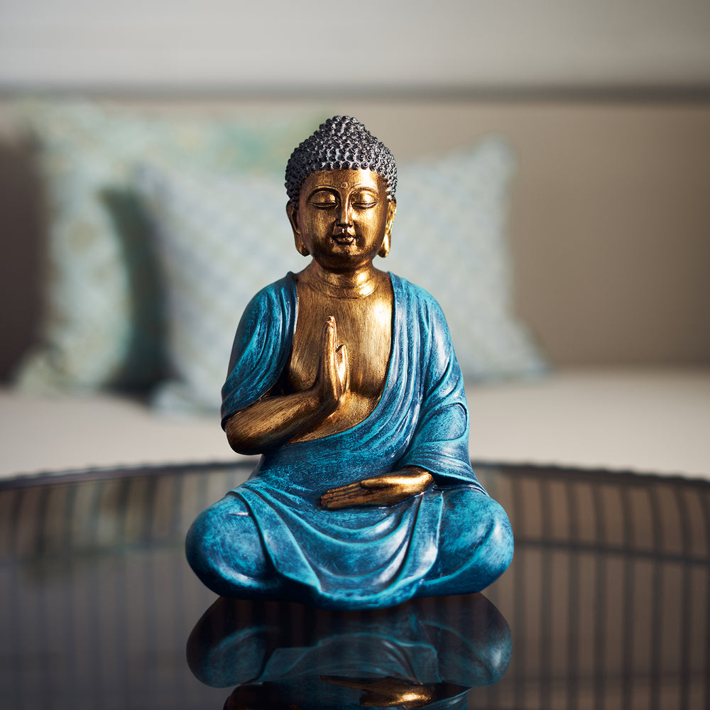 Blue and Gold Polyresin Sitting Buddha Sculpture - Medium