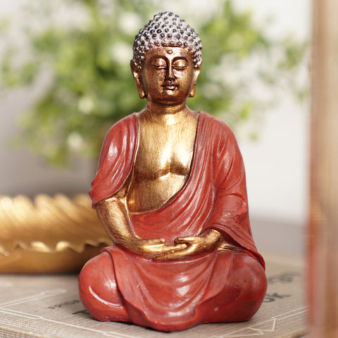 Red Antique Polyresin Meditating Buddha Sculpture - Small