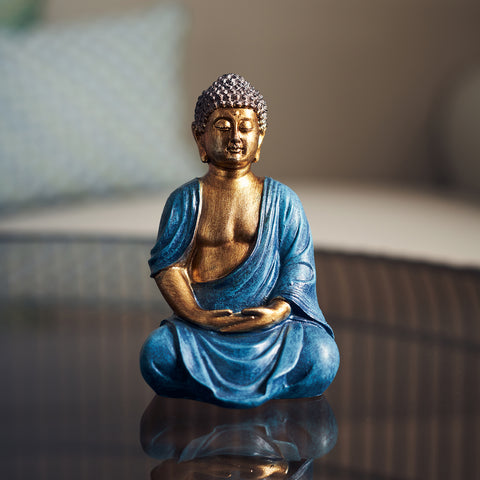 Blue & Gold Polyresin Meditating Buddha Sculpture - Small