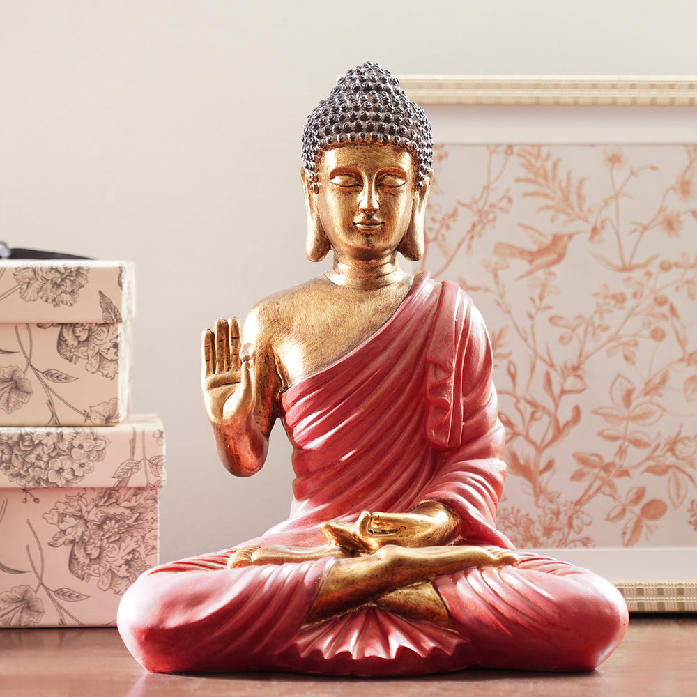 Red Antique Polyresin Meditating Buddha Sculpture - Large