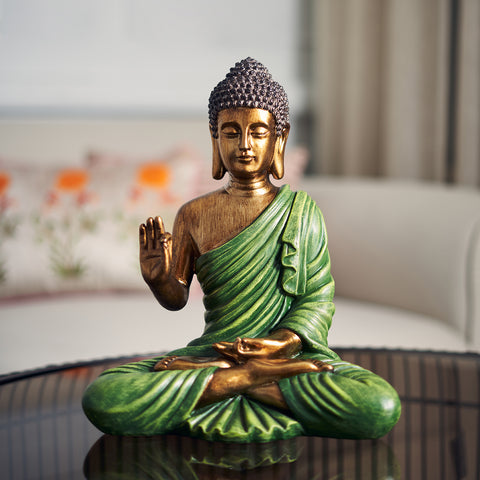 Green and Gold Polyresin Sitting Buddha Sculpture - Large