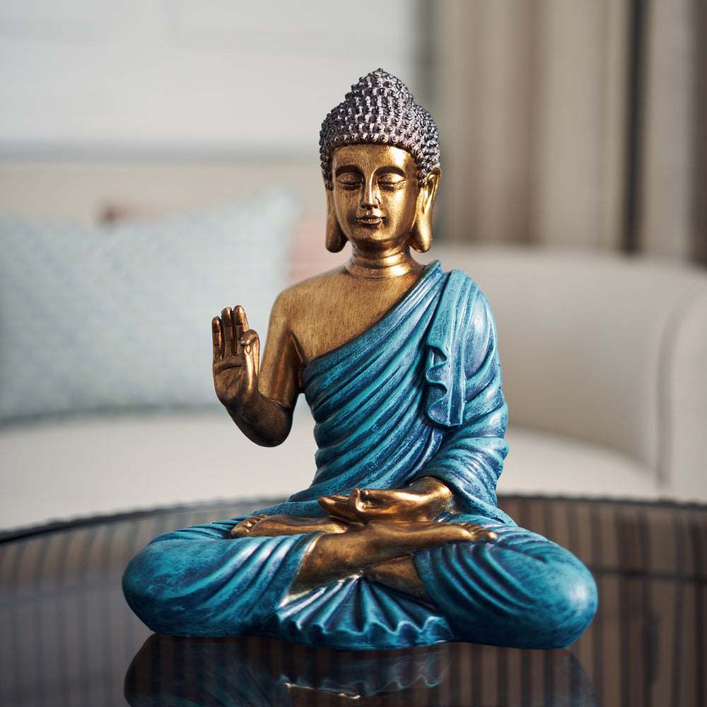 Blue and Gold Polyresin Sitting Buddha Sculpture - Large