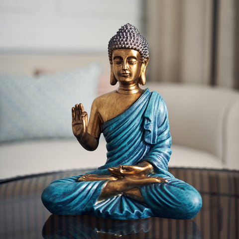 Blue and Gold Polyresin Sitting Buddha Sculpture - Large