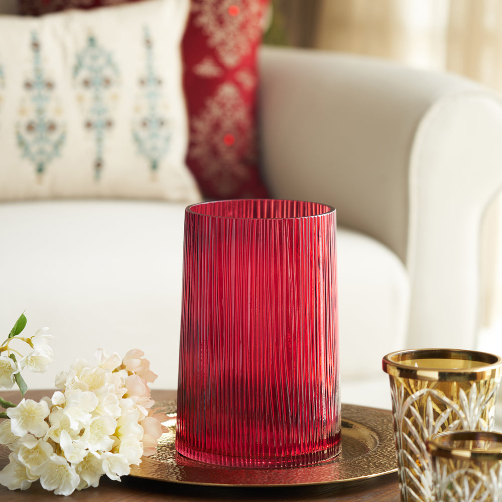 Red Ribbed Textured Glass Vase - Medium