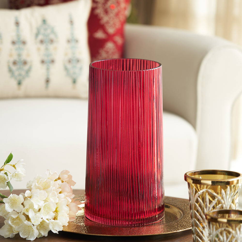 Red Ribbed Textured Glass Vase - Large
