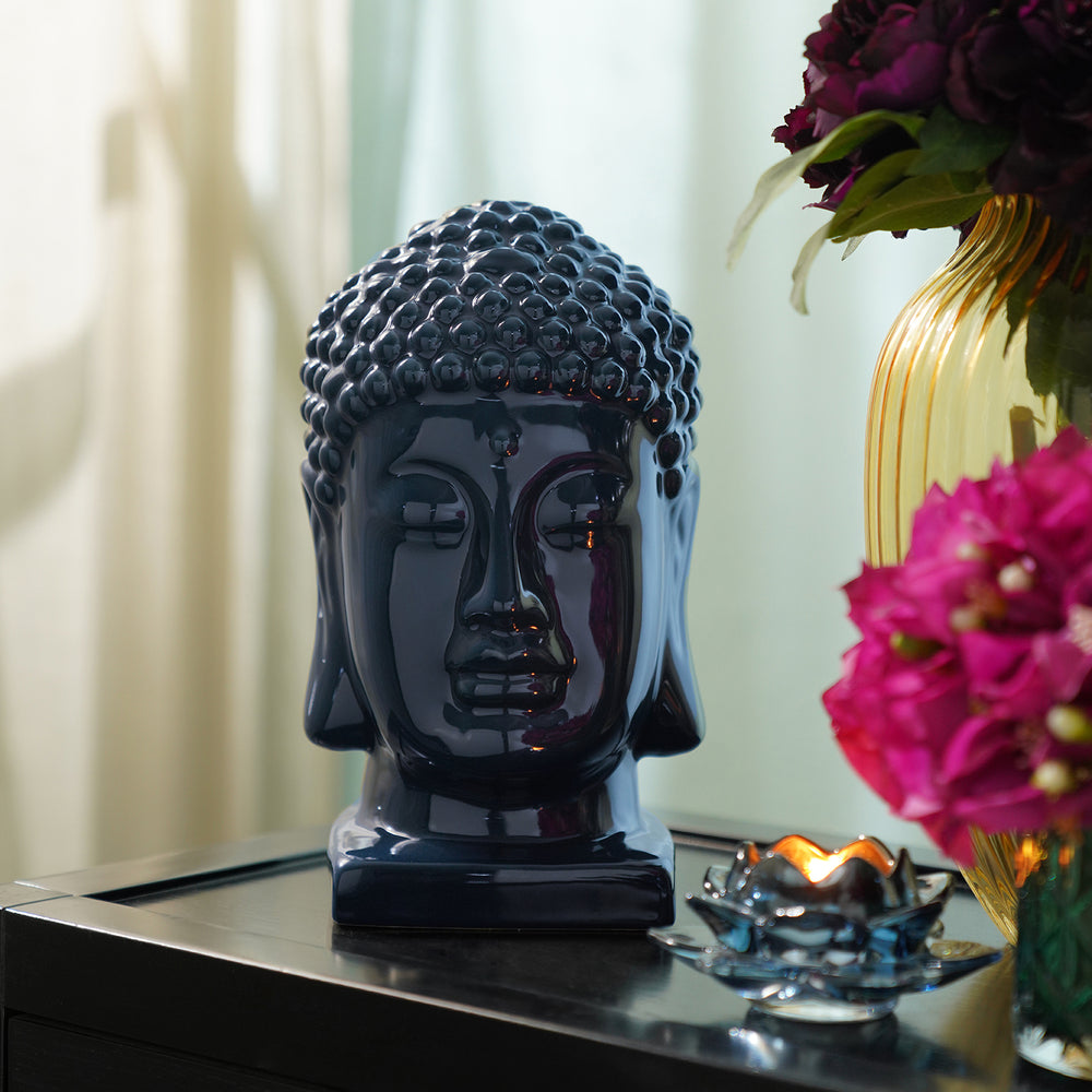 Dark Blue Ceramic Buddha Head with Base - Large