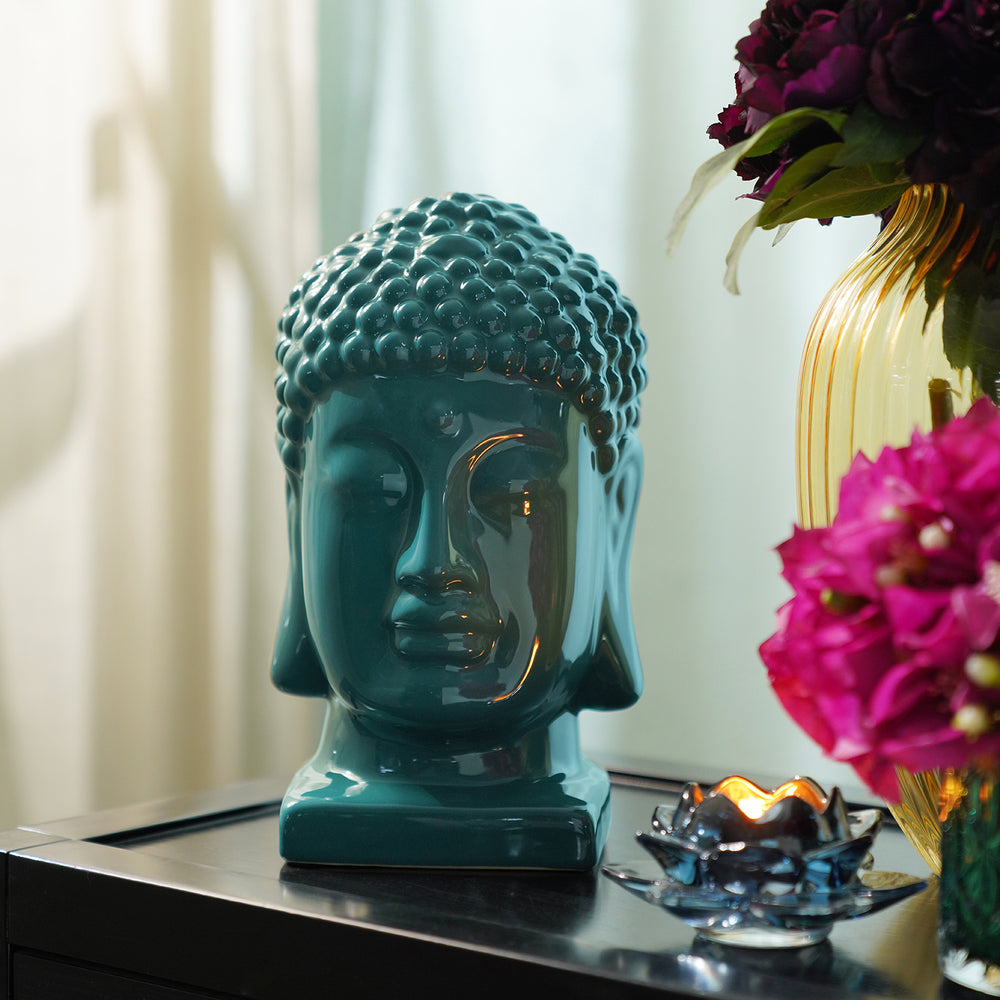 Teal Ceramic Buddha Head with Base - Large