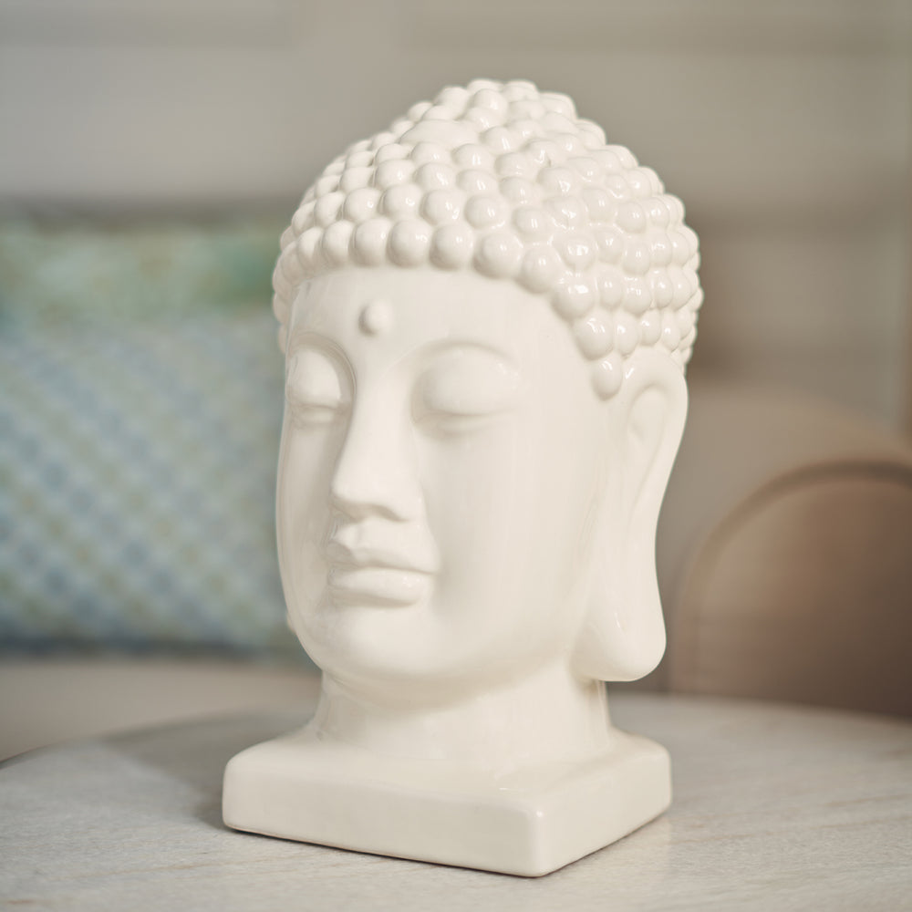 White Ceramic Buddha Head with Base - Large