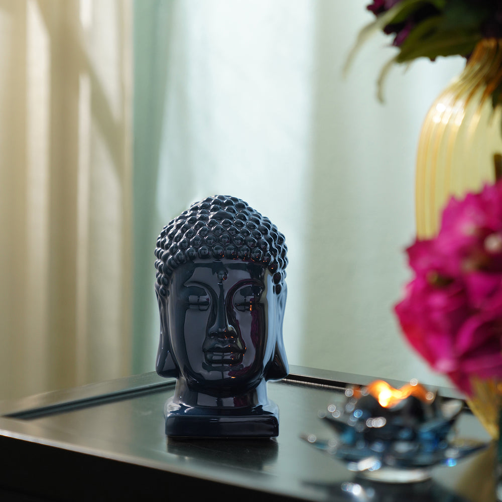 Blue Ceramic Buddha Head with Base - Small