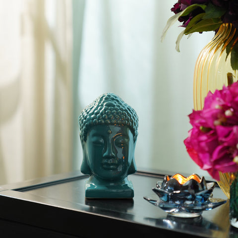 Teal Ceramic Buddha Head with Base - Small