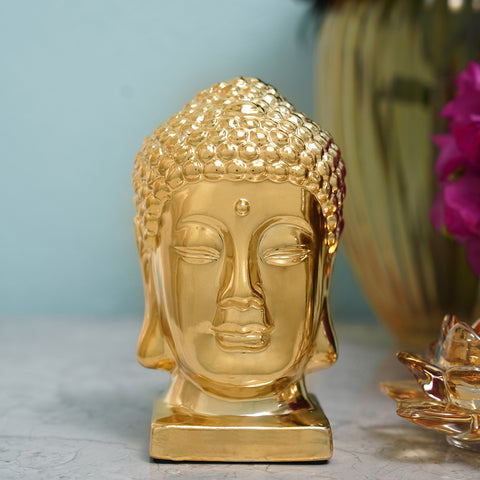 Gold Ceramic Buddha Head with Base - Small