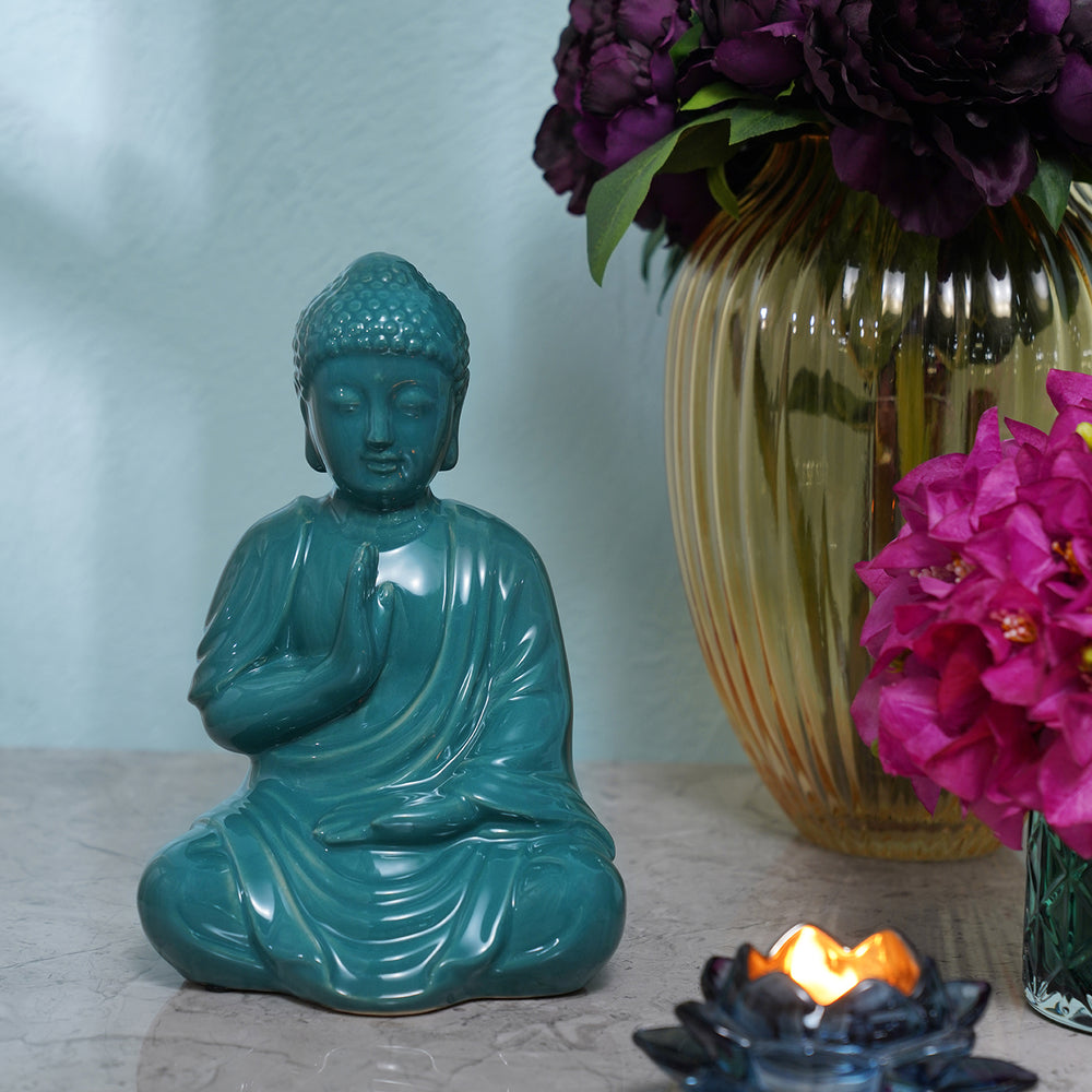 Teal Ceramic Sitting Buddha Figurine