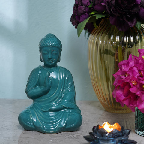 Teal Ceramic Sitting Buddha Figurine