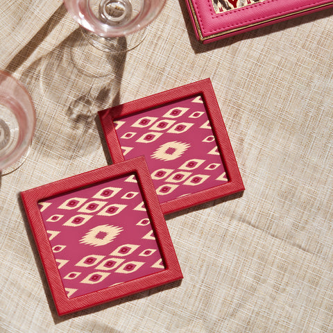 Set of 2 Red Glass Printed Faux Leather Coasters