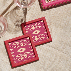Set of 2 Red Glass Printed Faux Leather Coasters
