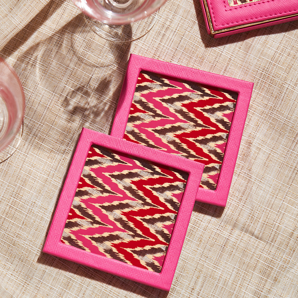Set of 2 Pink Glass Printed Faux Leather Coasters