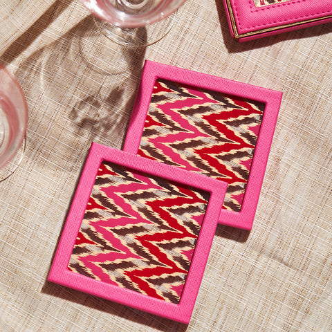 Set of 2 Pink Glass Printed Faux Leather Coasters